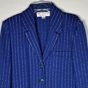 St. John Collection Marie Gray Blue Pinstripe Knit Jacket Sz 4,  4-Button Blazer